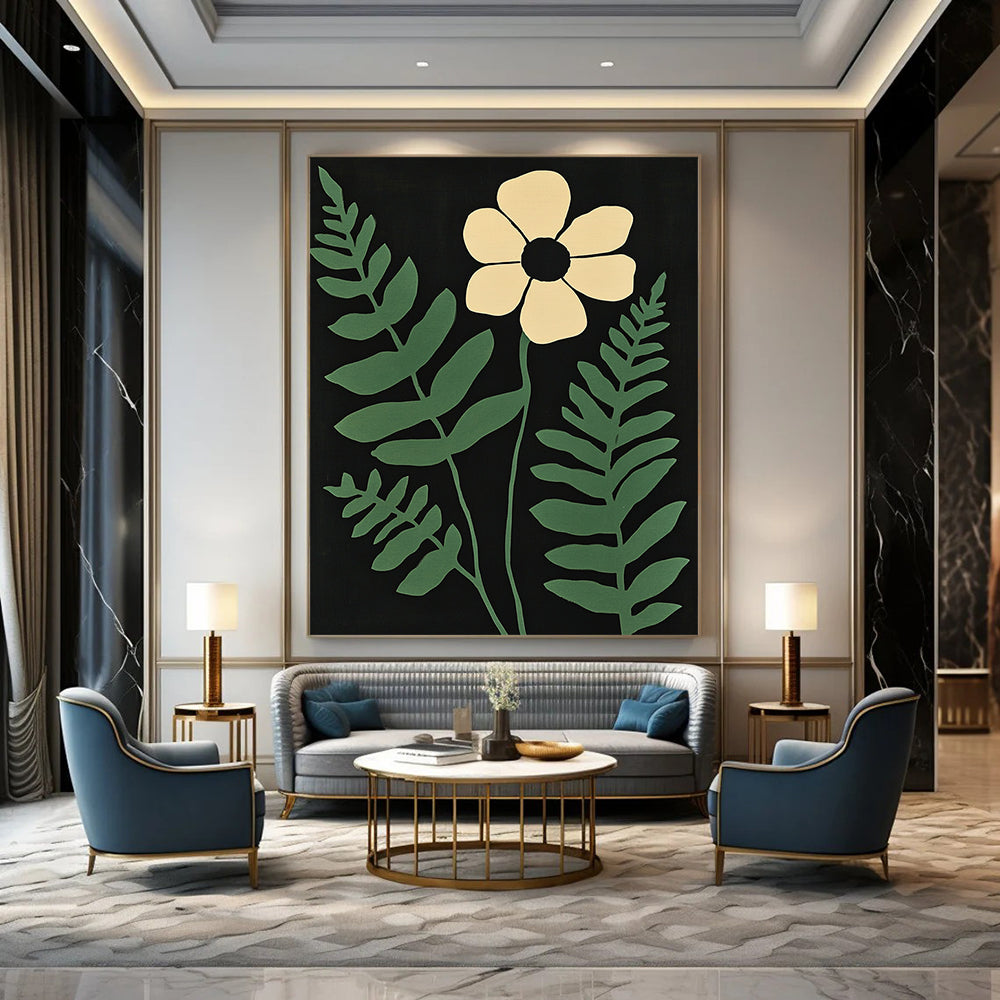 Contemporary abstract art featuring a white flower and green fern leaves on a striking black background with muted colors inspired by Matisse. DLZ1636