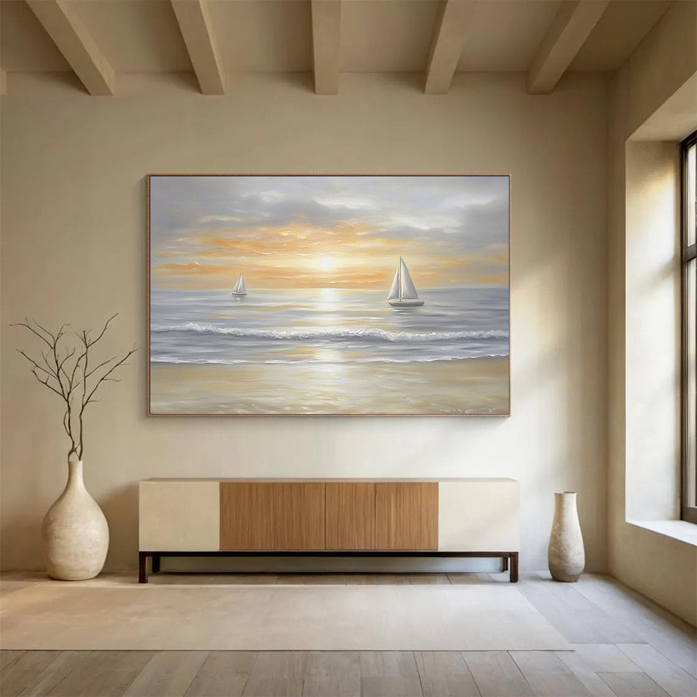 “Sailboats at Dusk” - Neutrals, Oranges, Yellows, Sailboats on Calm Sea at Sunset - Oil Painting HB1757