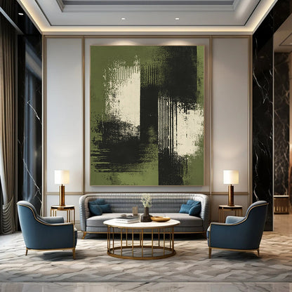 Contemporary hand-painted abstract artwork featuring green and white brush strokes with distressed edges on a dark background and soft tones. DLZ1267