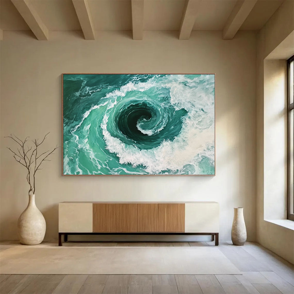 “Turquoise Vortex of the Sea” - Turquoises, Whites, Greens, Ocean Vortex - Realistic Oil Painting HB1559
