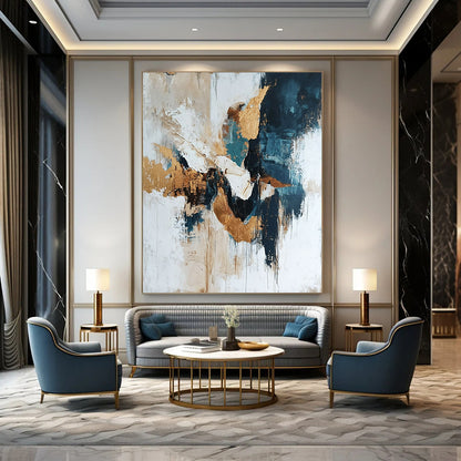 Contemporary abstract artwork featuring gold leafing and glitter on a white background with organic shapes and diverse tones of blue and gray. DLZ0543