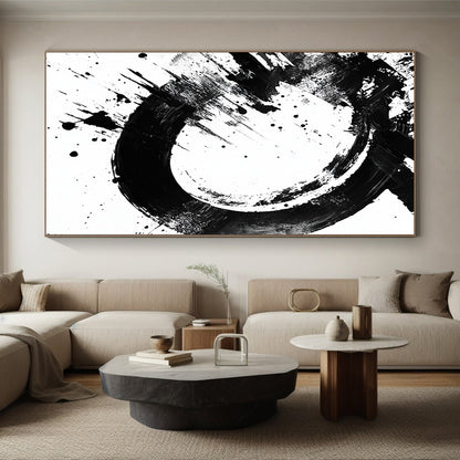 Black Circular Brushstroke with Splatter - “Dynamic Enso Splash” Painting On Canvas HB242