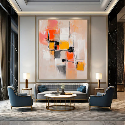 Contemporary hand-painted abstract artwork features harmonious beige and orange hues with dynamic brushstrokes and layered geometric shapes for emotional depth. DLZ0939