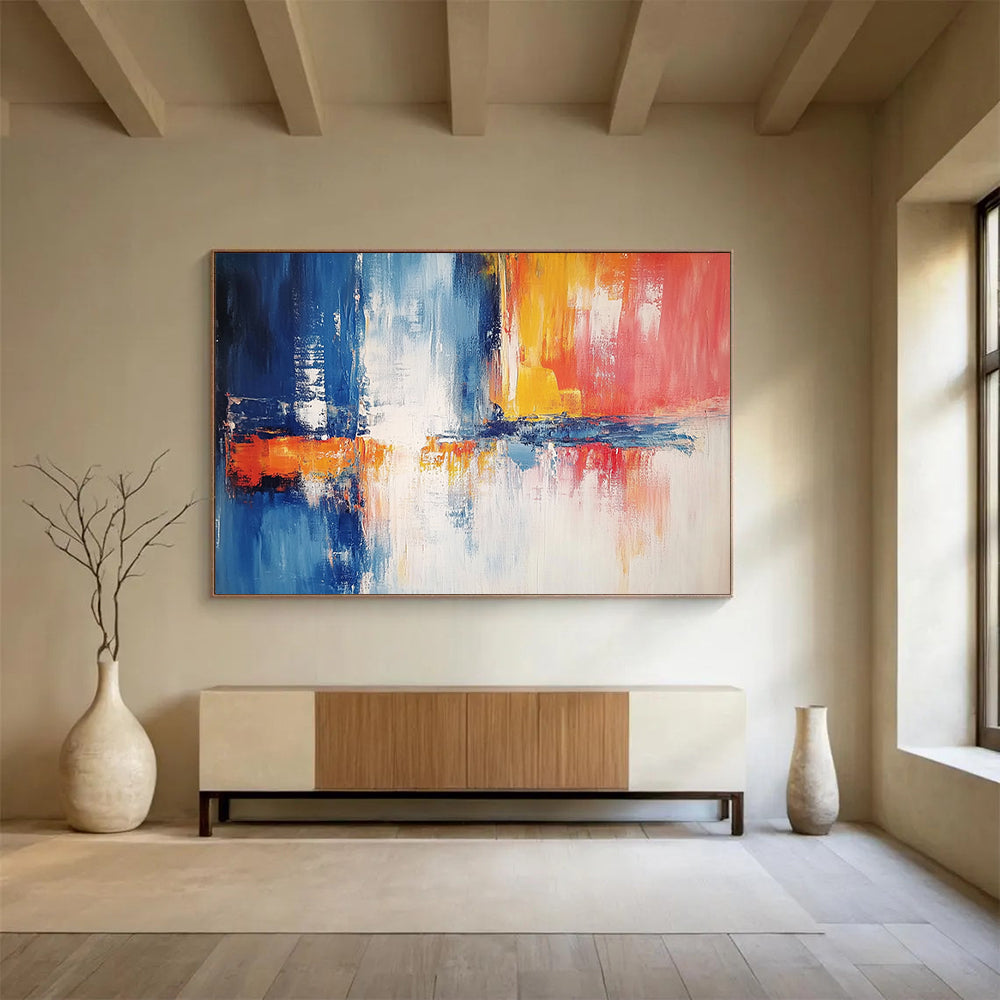 “Minimalist Abstract with Red Accent” - Beige, gray, white, red; Minimalist abstract with a red focal point; Acrylic Painting On Canvas HB1282