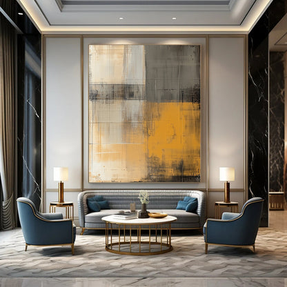 Contemporary abstract artwork featuring an urban city wall in muted yellow and beige hues with a textured vintage aesthetic inspired by Euan Uglow. DLZ0587