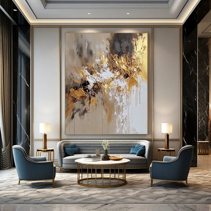 Contemporary hand-painted abstract art featuring beige and white hues with golden accents, perfect for modern aesthetic spaces. DLZ0729