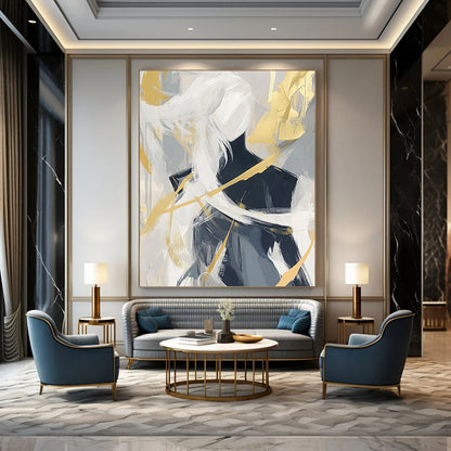 Contemporary hand-painted abstract artwork featuring bold black lines and dynamic brush strokes in white, gray, and gold tones for a striking visual impact. DLZ0830