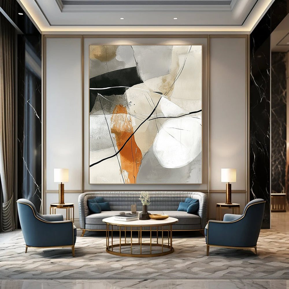 Large contemporary hand-painted abstract artwork featuring white lines and black ink on a grey background with neutral tones of beige olive green rust orange and warm gray-brown. DLZ0265