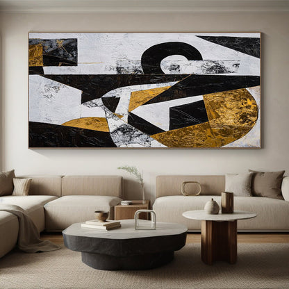 Black, White, Gold and Gray Geometric Abstraction "Dynamic Geometry" Painting On Canvas HB376