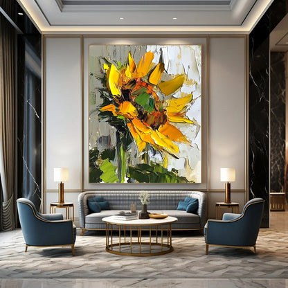 Vibrant abstract sunflower oil painting with bold brush strokes and textured surface in natural light against a soft green leaf backdrop. DLZ1664