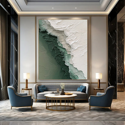 Contemporary hand-painted abstract art featuring intricate Antarctic ice textures with flowing icy streams in white green and gray tones. DLZ1180