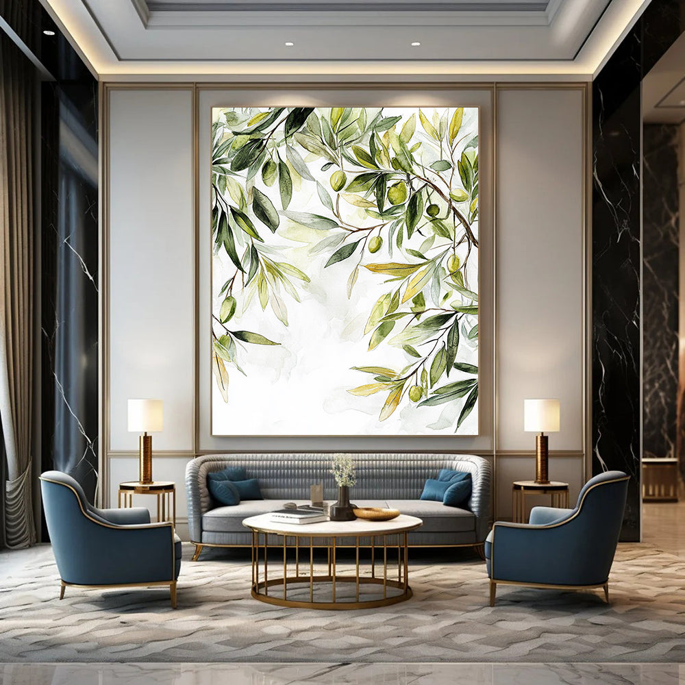 Contemporary abstract painting featuring olive tree leaves in muted colors with soft organic forms and white space highlighting nature's tranquility. DLZ1728