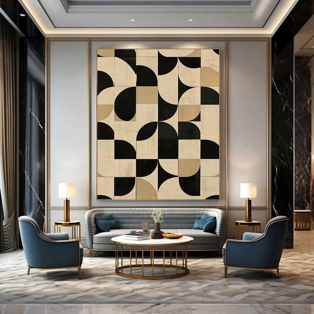 Contemporary abstract art featuring geometric patterns in neutral tones with black and white circular shapes perfect for modern interiors. DLZ1574