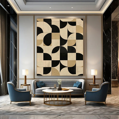 Contemporary abstract art featuring geometric patterns in neutral tones with black and white circular shapes perfect for modern interiors. DLZ1574