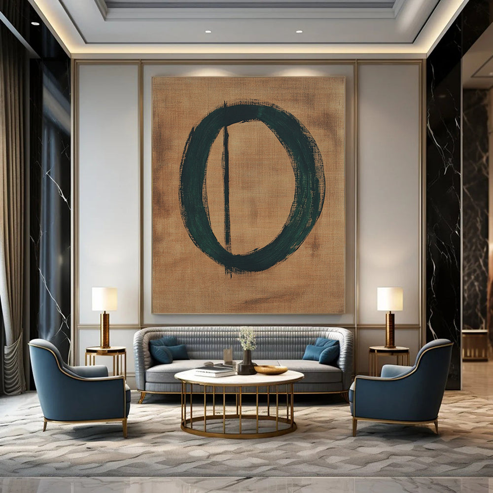 Contemporary abstract art features a green circular number zero on brown paper accented by thin black lines, crafted in an oil painting style. DLZ1466