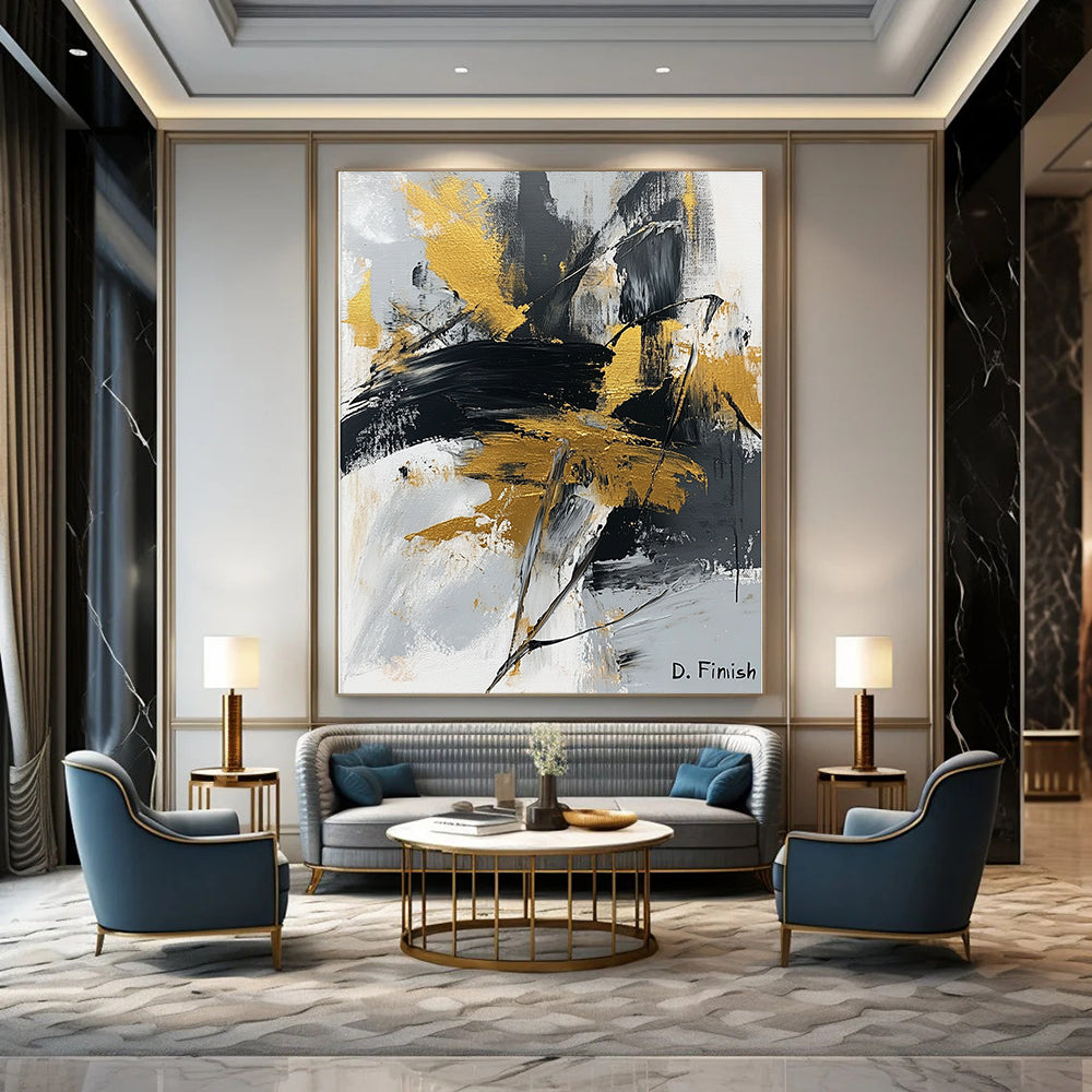 Contemporary abstract artwork featuring bold black white and gold brush strokes and palette knife technique with signature D Finish. DLZ1557