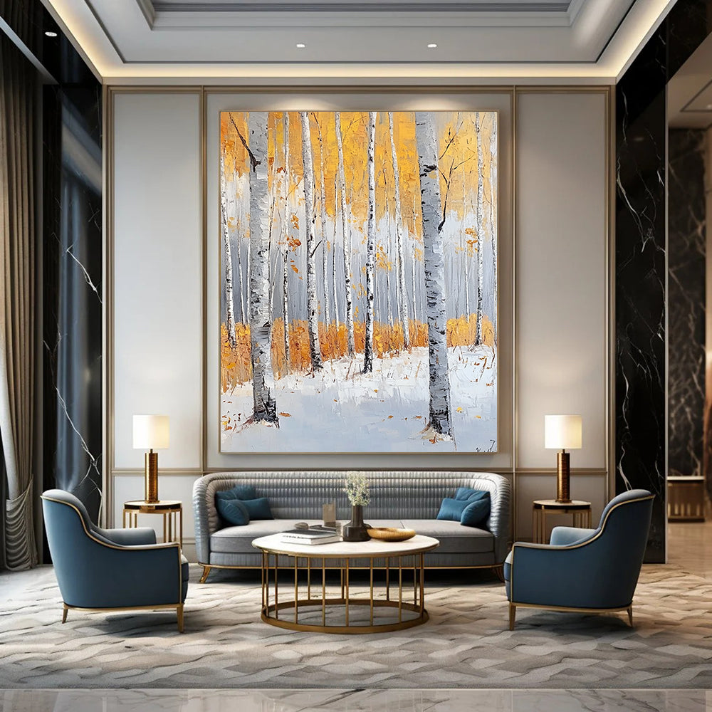 Large contemporary hand-painted abstract artwork featuring birch trees in light gray and amber, evoking tranquility with autumn foliage and snow. DLZ1103