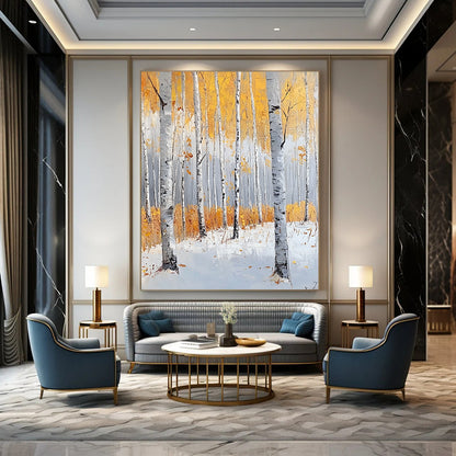 Large contemporary hand-painted abstract artwork featuring birch trees in light gray and amber, evoking tranquility with autumn foliage and snow. DLZ1103