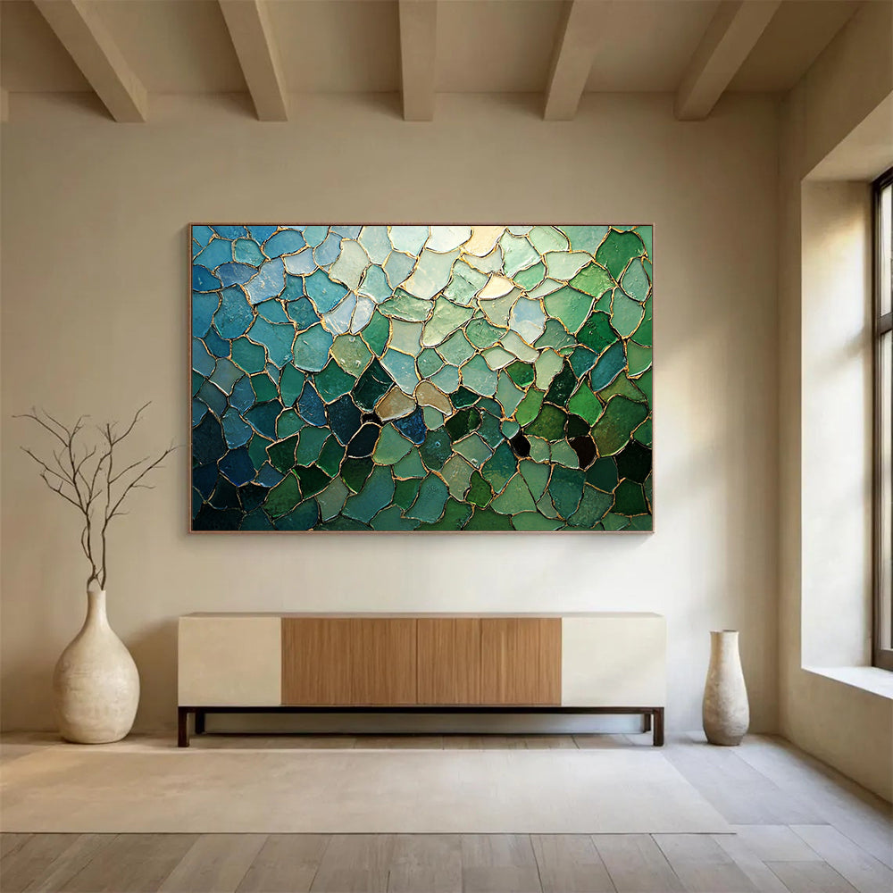 “Blue - Green Mosaic with Gold Lines” - Blue, Green, Gold, Irregular Mosaic Pieces - Mosaic Art HB1676