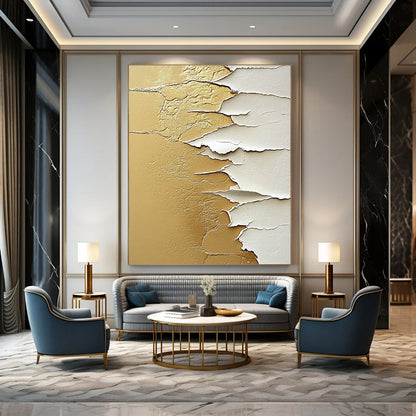 Contemporary abstract painting features textured white paper on golden sand with intricate details in beige and gold tones creating a captivating composition. DLZ1439
