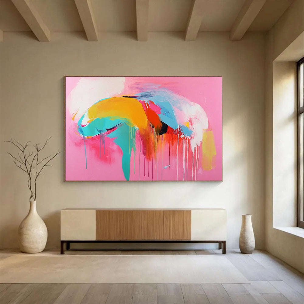 “Colorful Abstract Figure on Pink” - Pink, blue, yellow, orange, red; Abstract figure with colorful drips; Acrylic Painting On Canvas HB1220