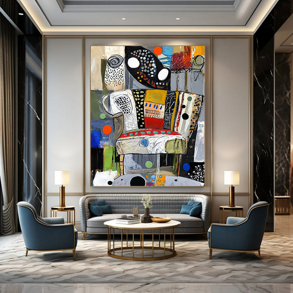 Contemporary abstract painting showcasing vibrant colors and dynamic textures evoking a stylized chair through circles and swirls. DLZ1367