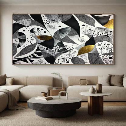 Black, White, Gray and Gold Abstract Patterns "Opulent Mosaic" Painting On Canvas HB332