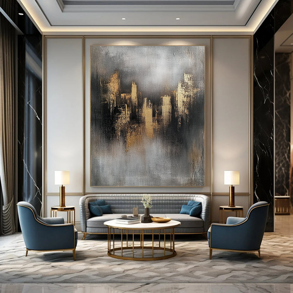 Contemporary abstract art featuring gray and gold skyline elements textured on canvas with a minimalist industrial feel and ambient lighting highlights. DLZ0520