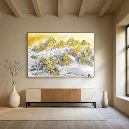 “Golden Mountain Peaks in Clouds” - Gold, White, Gray, Majestic Mountain Scene - Chinese Ink Painting HB1648