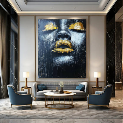 Contemporary hand-painted abstract art featuring an African woman's lips with gold leaf highlights on a dark textured background. DLZ1542