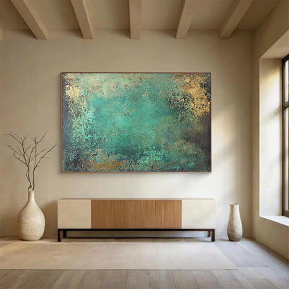“Teal - Gold Textured Canvas” - Vibrant teal with gold accents, Textural Abstract Painting On Canvas HB0550