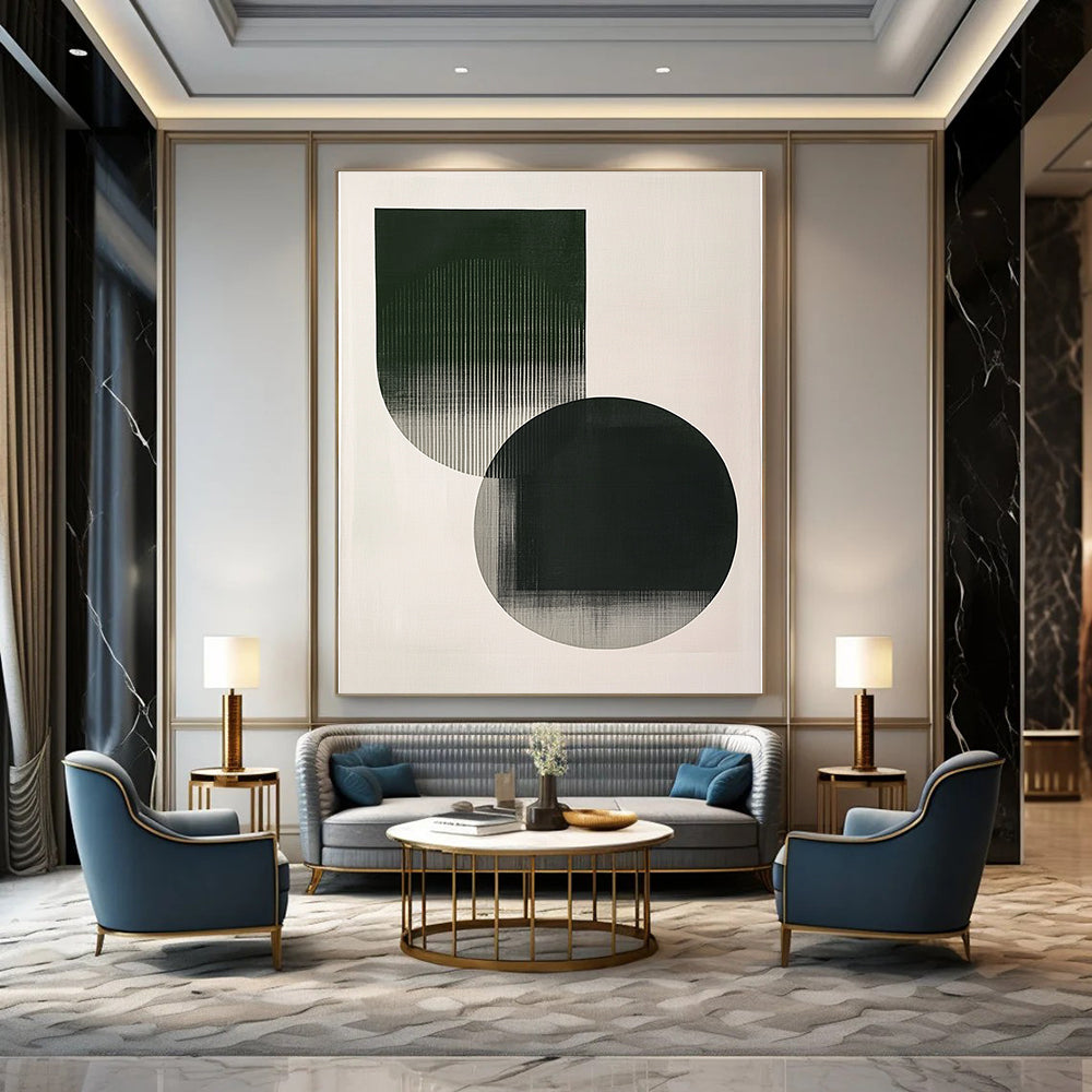 Contemporary abstract art featuring minimalistic shapes in emerald green and grey with delicate strokes on a serene white background. DLZ1621