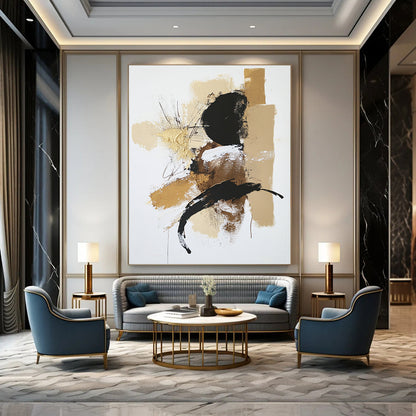 Contemporary abstract painting features a white background with a beige and black palette accented in gold utilizing dry brush technique and textured strokes. DLZ0432