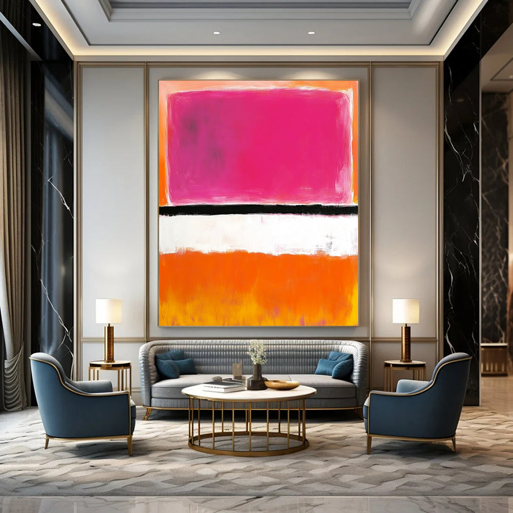 Contemporary hand-painted abstract art showcasing shades of pink, orange, and white with a striking black line in the center. DLZ1306