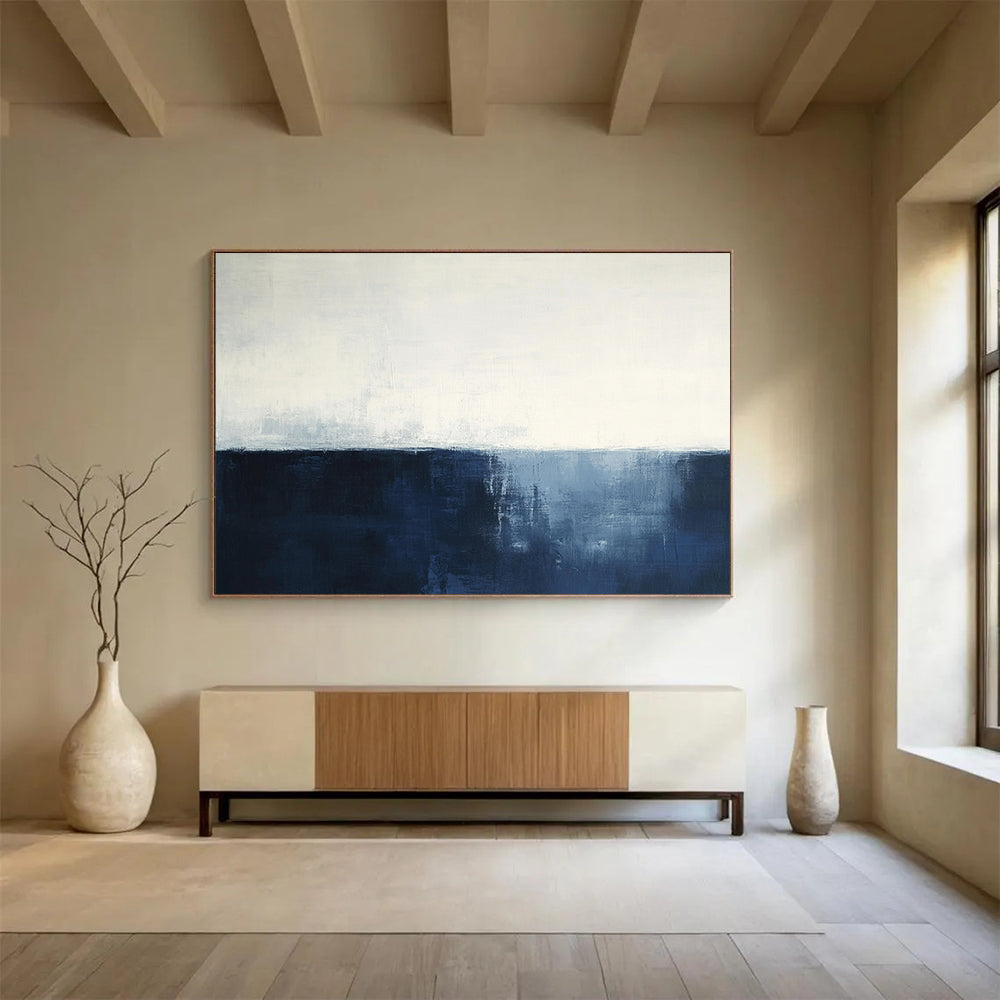 “Navy - White Abstract Horizon” - Navy, White, Subtle Horizon Painting On Canvas HB0833