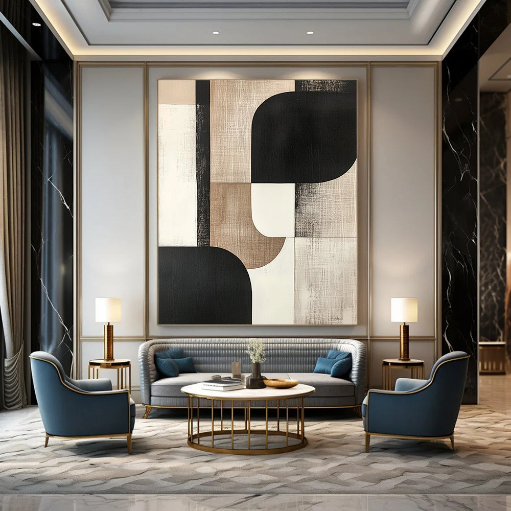Contemporary hand-painted abstract art featuring bold shapes in black, white, beige, gray, and cream tones for a sophisticated aesthetic. DLZ0795
