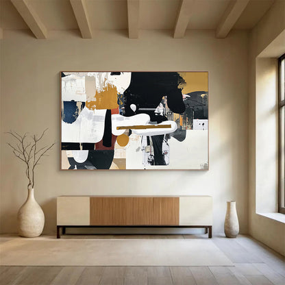 “Collage - like Abstract” - Black, White, Gold, Brown with Mixed Media - Abstract Mixed Media HB1360