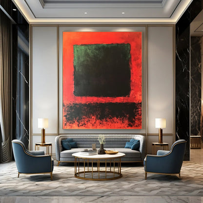 Contemporary hand-painted abstract artwork featuring a central dark green and black square against a blended vibrant red background. DLZ1449