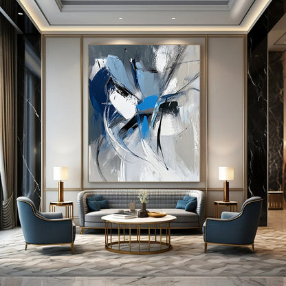 Large contemporary hand-painted abstract art featuring dynamic white gray and blue shapes with bold brushstrokes and a vibrant urban energy. DLZ1008
