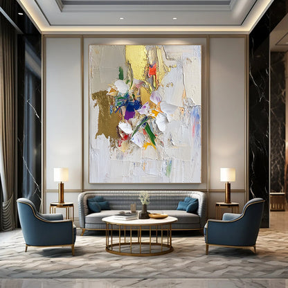 Contemporary abstract art featuring textured brushstrokes gold leaf accents floral motifs on a white backdrop with a collage-style composition. DLZ0635