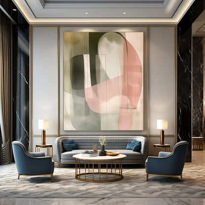 Large contemporary hand-painted abstract artwork featuring pastel colors simple shapes soft lighting and double exposure effects. DLZ1601