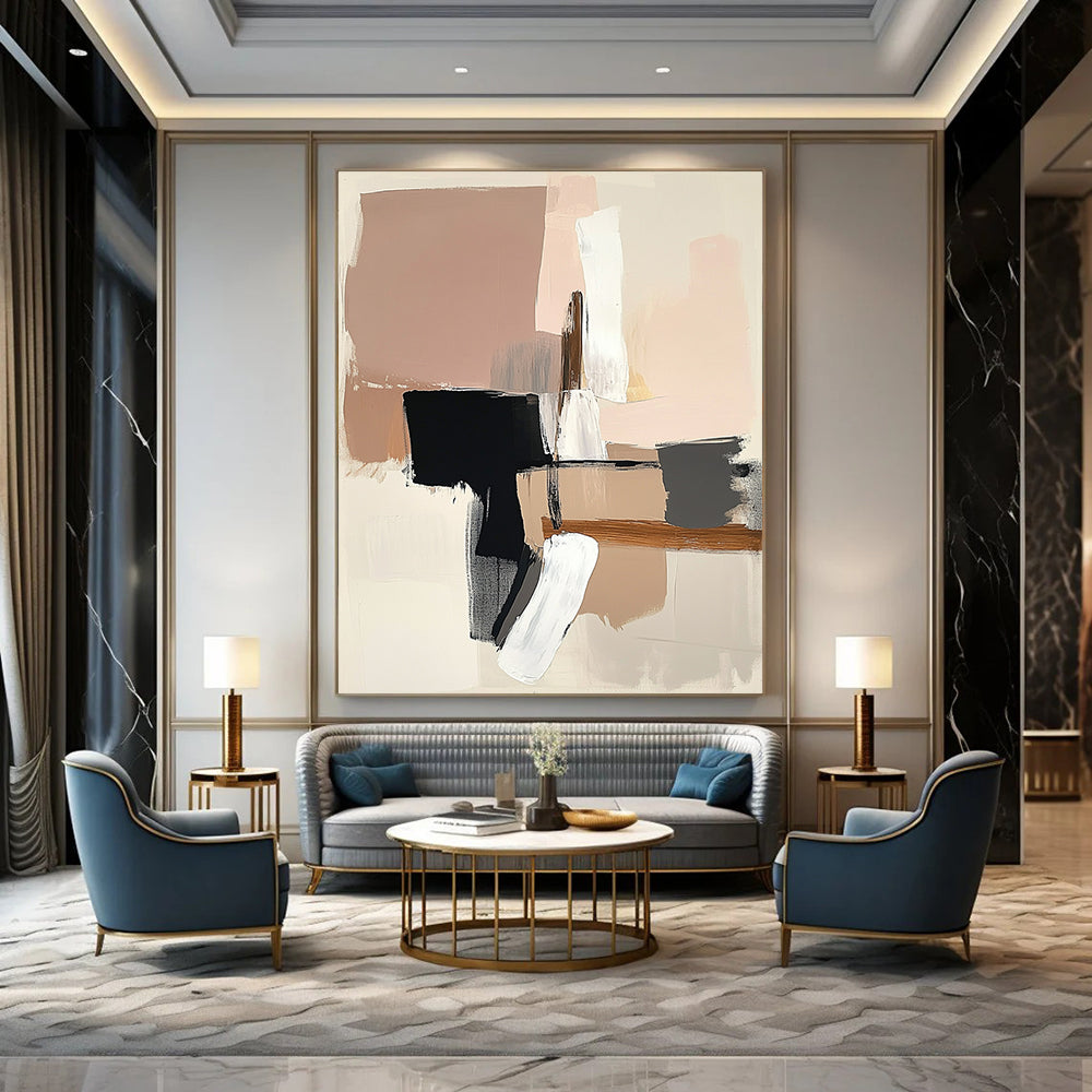 Contemporary abstract art featuring neutral tones soft pink and beige with white brush strokes and bold black lines on a beige background. DLZ1048