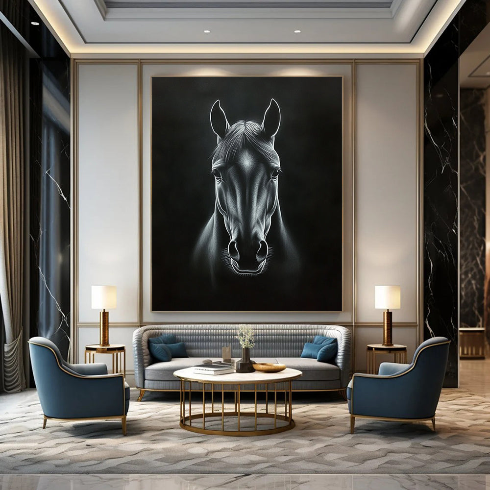 Contemporary handcrafted painting featuring a horse's head in black and white with dramatic chiaroscuro effects and deep shadows on a dark background. DLZ1443