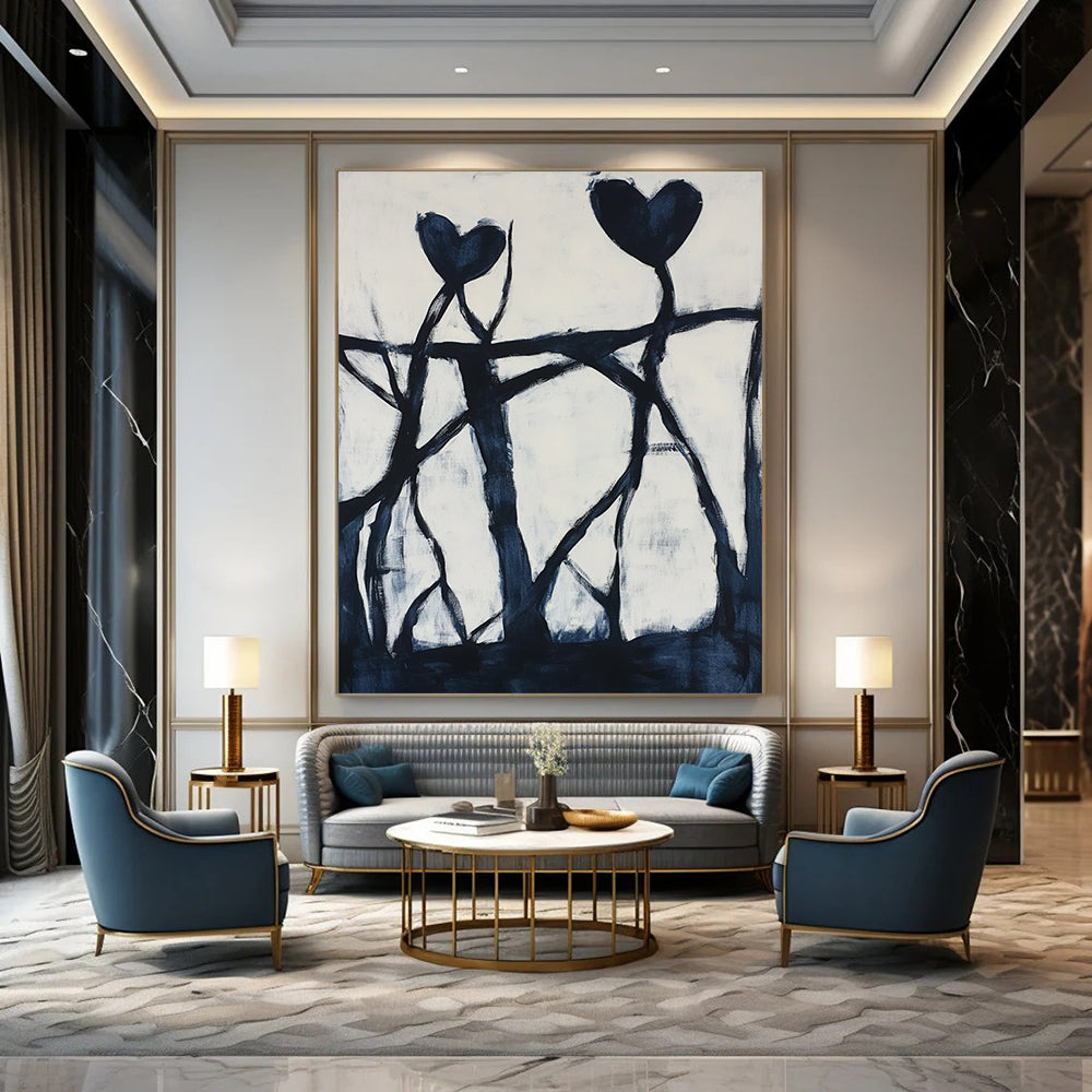 Contemporary hand-painted abstract artwork featuring dynamic black shapes, intricate patterns, and bold hearts against a pure white background. DLZ1398