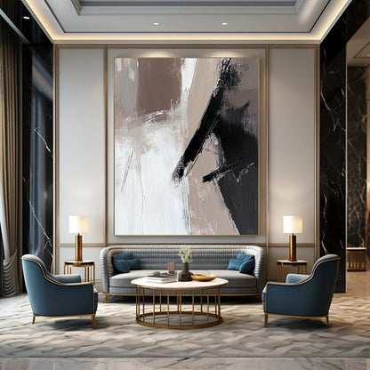 Large contemporary abstract painting featuring beige and white tones with black brush strokes on oil wood panel ideal for modern decor. DLZ0698