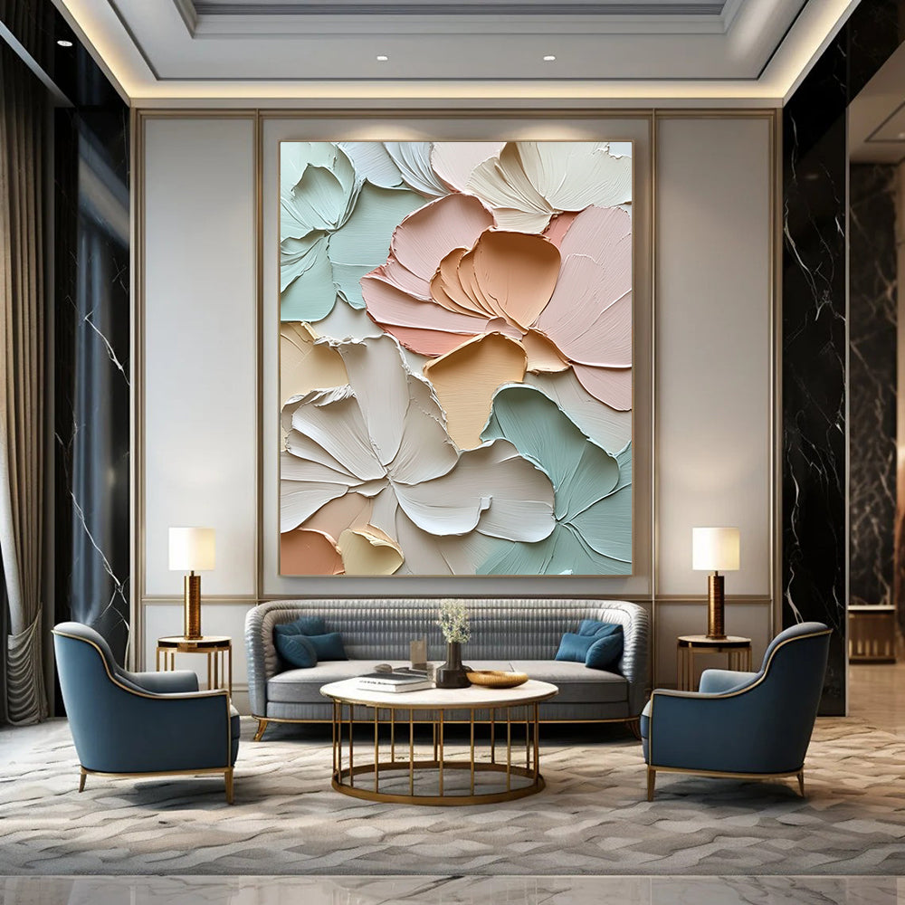 Large contemporary abstract floral artwork featuring textured petals and leaves in soft pastels exuding tranquility and depth through impasto strokes. DLZ1184