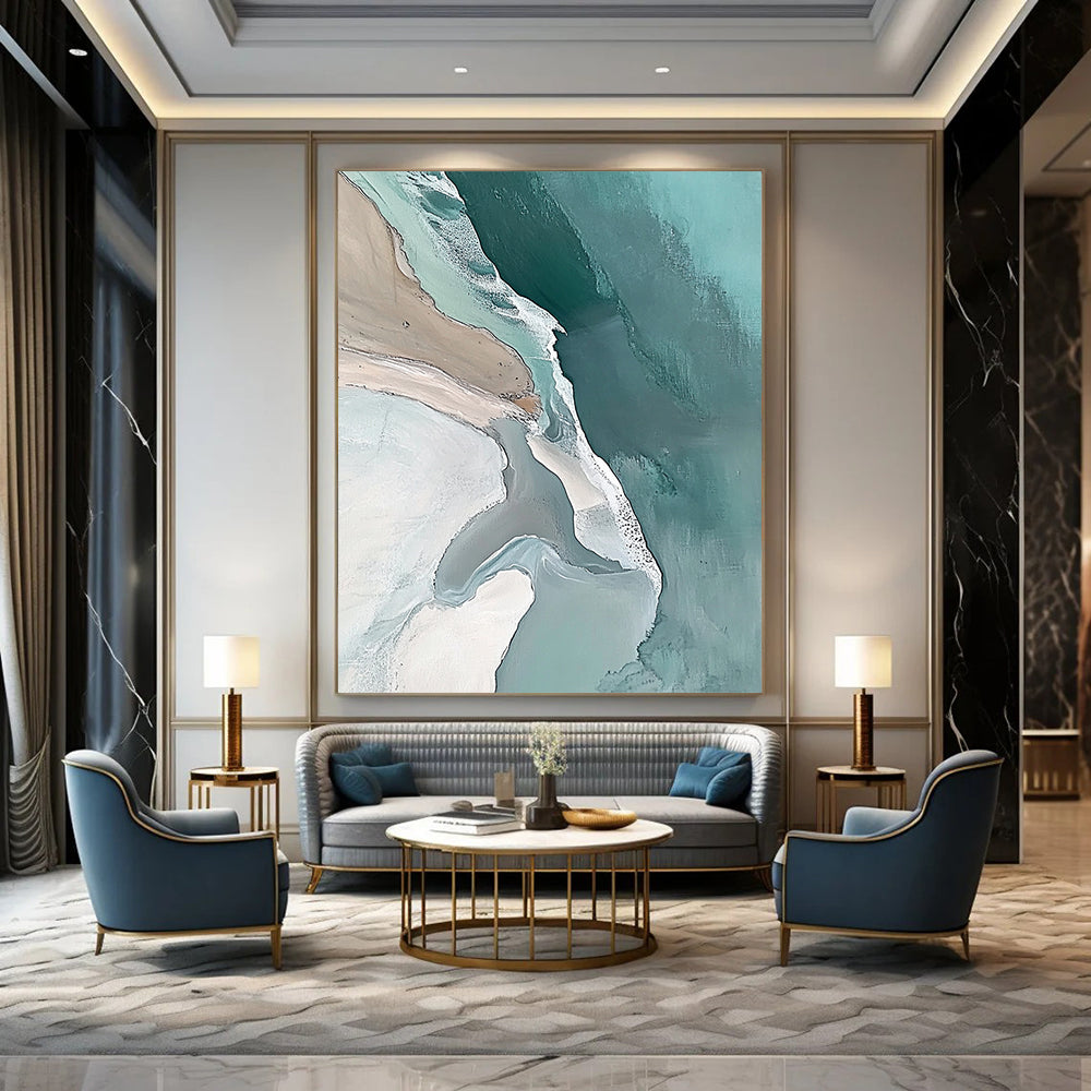 Contemporary abstract art captures an aerial view of Great Sumatra Beach in fluid pastel colors promoting tranquility and minimalist beauty. DLZ0844