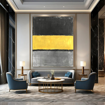Large contemporary hand-painted abstract artwork featuring a striking yellow stripe on a grey background in minimalist oil expression. DLZ1390