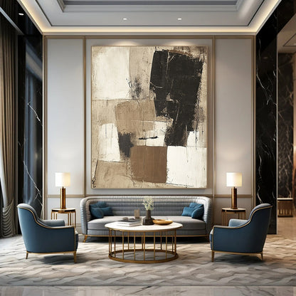 Contemporary hand-painted abstract art featuring large beige white and black squares with textured depth and harmonious yet chaotic forms. DLZ1036