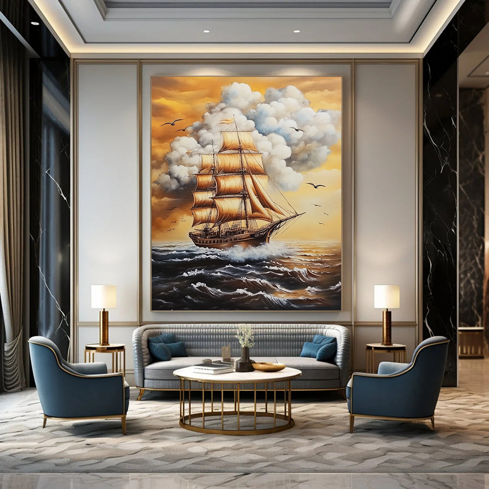 Contemporary hand-painted abstract art featuring a tall ship, white clouds, and birds, evoking a vintage nautical atmosphere. DLZ1477